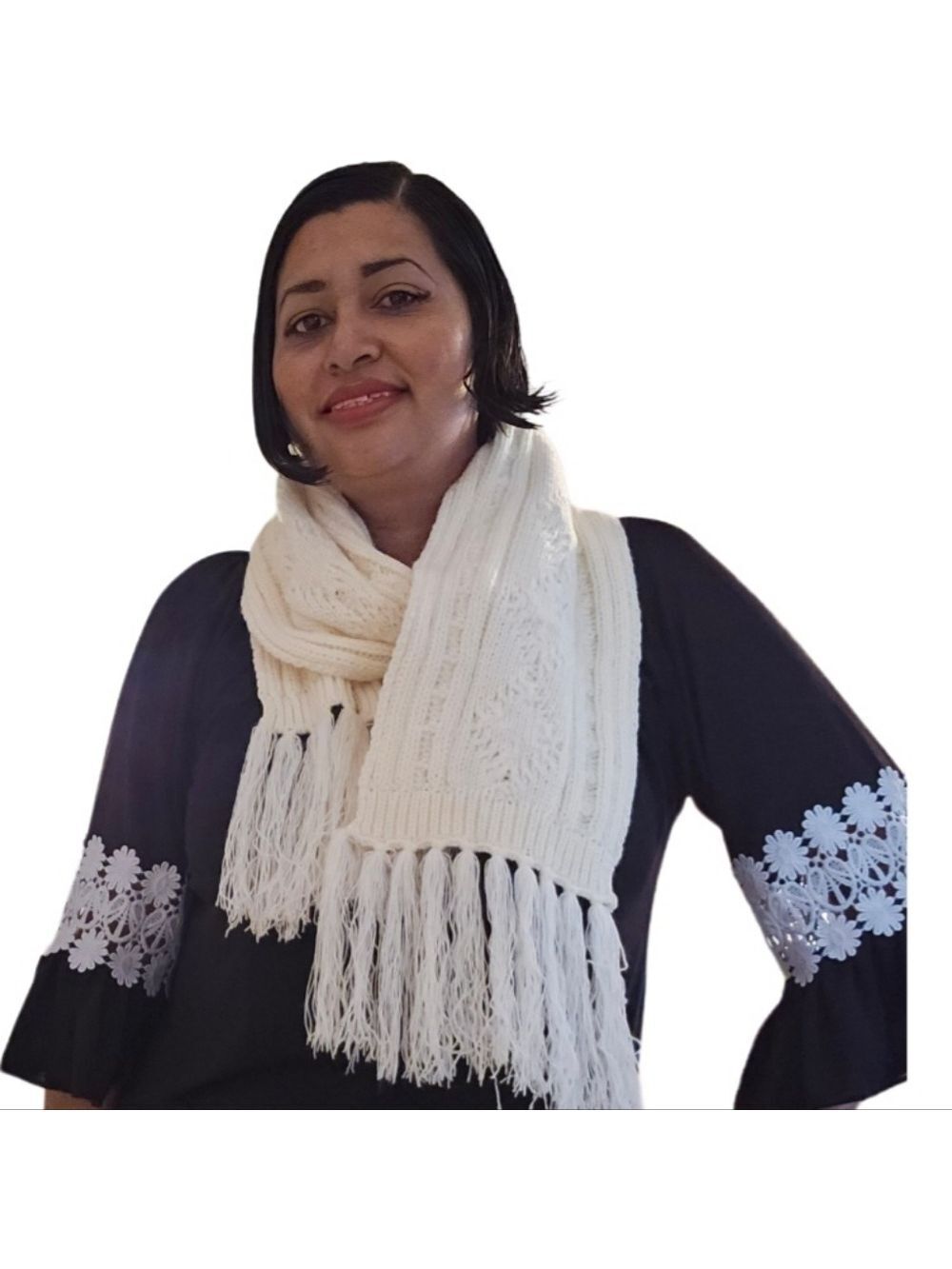 Handmade Chunky Knit Scarf Cream Fringe Winter Cable Knitted Upcycled Yarn 60"